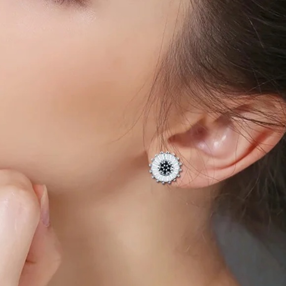 Sterling Silver Black Diamonds Stud Earrings - Picture 2 of 4